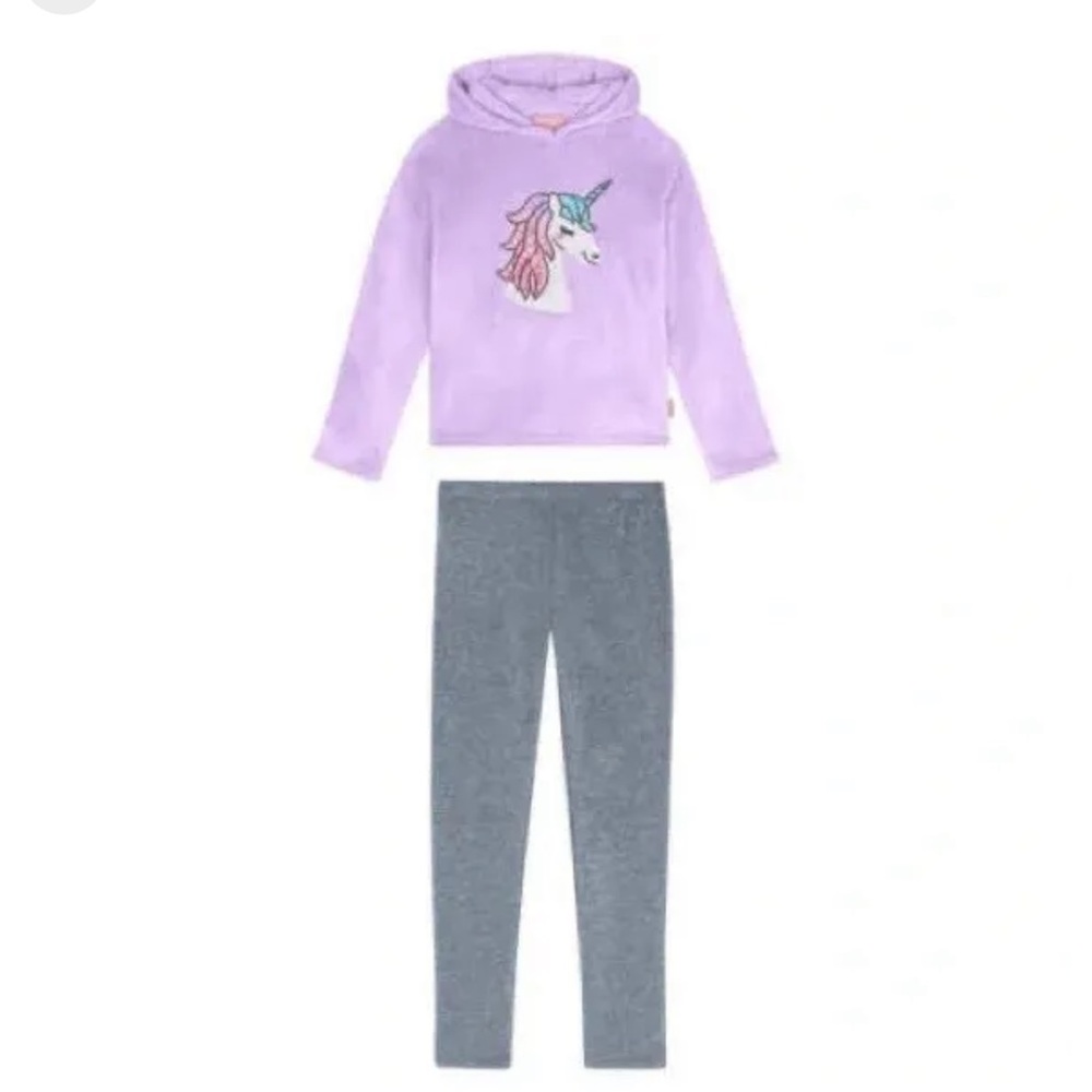 NWT 2 pc BCBG Girls Lilac Sequin Unicorn Plush Hoodie and Leggings Size M 10/12